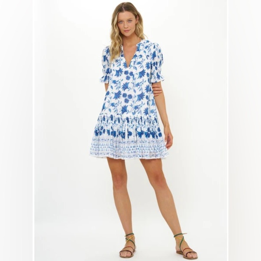 OLIPHANT‎ || Smocked Drop Mini Dress in Marion Blue Block Print Floral White S - Picture 10 of 10